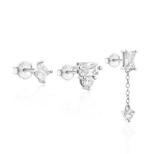Dettaglio del set di orecchini in argento S925 con pietre di zircone bianco