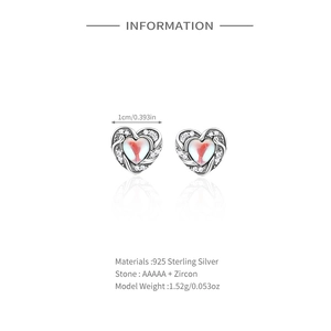Macro detail of S925 sterling silver heart earring with AAAAA zircon and red marble inlay