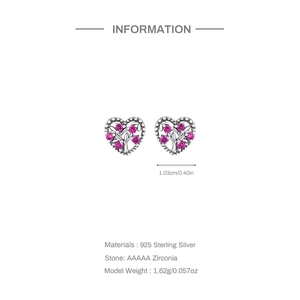 Detailed view of S925 silver heart earrings with pink zircon and size measurements