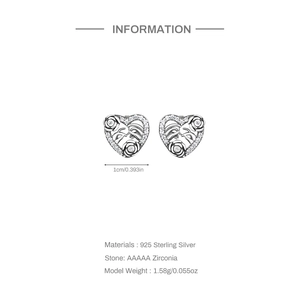 Detail view of 925 sterling silver heart earrings with zirconia and size dimensions