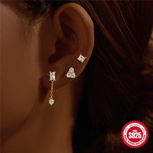 Set di 3 orecchini in argento S925 con motivi fulmine, luna e stella e zirconi incastonati