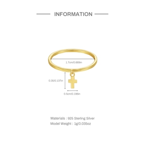 Detail view of gold S925 sterling silver thin ring with cross charm and size dimensions