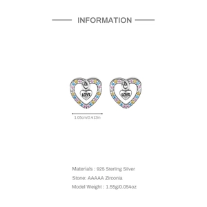 Detail view of S925 sterling silver heart studs with gradient AAAAA cubic zirconia