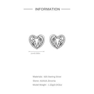 Detailed view of S925 sterling silver heart earrings with AAAAA zirconia and family silhouette
