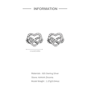 Detail view of S925 sterling silver heart earrings with AAAAA cubic zirconia dimensions