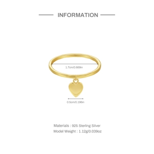 Detailed view of S925 sterling silver gold ring with heart pendant and dimensions