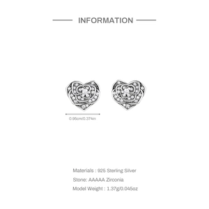 Detail view of S925 silver heart rose earrings with AAAAA zircon and dimensions