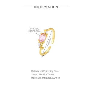 Detail view of the S925 sterling silver ring with pink zircon and size measurements