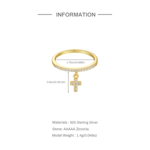 Size guide for S925 silver gold cross ring showing 1.75cm diameter and 0.9cm pendant height