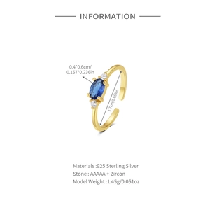 Detail of adjustable S925 sterling silver ring with blue oval zircon and size dimensions