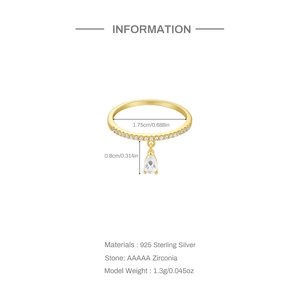 Detailed size and weight specs of gold S925 silver ring with zircon teardrop pendant