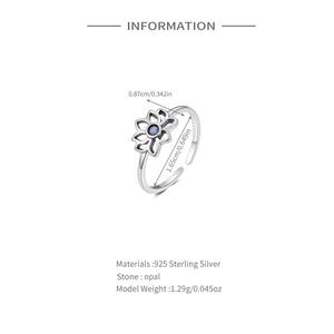 Detailed technical view of S925 sterling silver lotus ring with opal and measurements