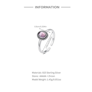 Detailed spec sheet showing S925 sterling silver ring with purple zircon and dimensions