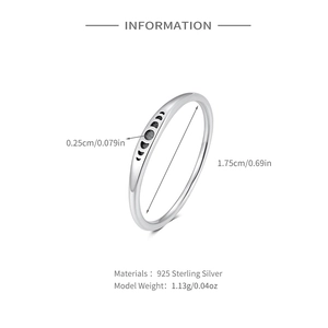 Detail of 925 sterling silver moon phase ring showing its 1.13g weight and dimensions