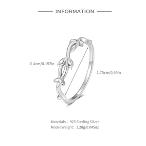 Detailed size specifications and S925 hallmark of silver leaf vine sterling silver ring