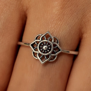 Detailed close-up of s925 silver lotus ring with vintage mandala hollow petals