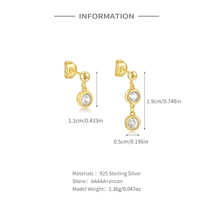 Detailed view of S925 sterling silver asymmetrical zircon tassel earrings in gold plating