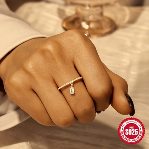 Elegant gold plated S925 sterling silver ring with pear shape drop and pavé diamonds