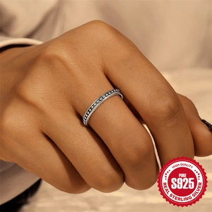 Minimalist S925 sterling silver ring with beaded relief pattern and vintage polished finish