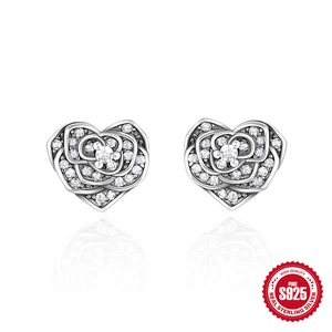 S925 sterling silver heart rose stud earrings with pave-set sparkling white cubic zirconia