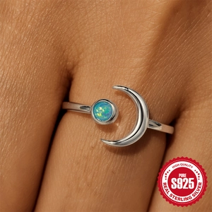 Adjustable S925 sterling silver moon ring featuring a round lab-opal stone for women