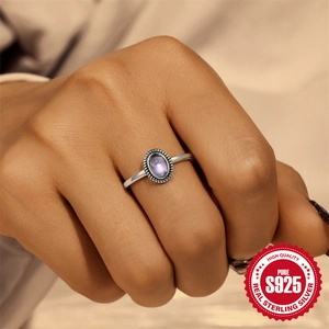 S925 Sterling Silver moon flower ring with purple opal and vintage beaded edge