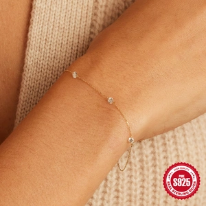 Minimalist S925 sterling silver gold plated bracelet with three sparkling zircons