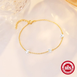 Elegant S925 sterling silver gold bracelet featuring three round sparkling zircon stones