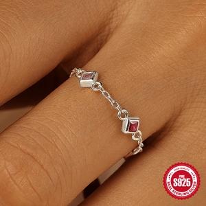 Bague chaîne en argent sterling S925 ornée de zircons carrés colorés pour femme