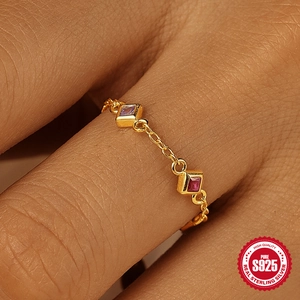 Bague chaîne en argent sterling S925 avec pierres violettes carrées et dorure