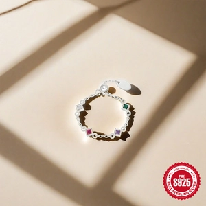 Bague chaîne réglable en argent 925 avec quatre pierres précieuses carrées colorées