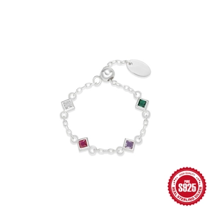 Bague chaîne réglable en argent S925 ornée de pierres précieuses carrées colorées