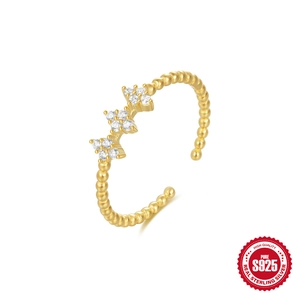 Adjustable S925 sterling silver ring with three beaded flowers and sparkling gemstones
