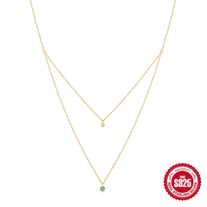 S925 Sterling Silber Mehrlagige Halskette Mit Türkis Zirkonia Anhängern Vergoldete Minimalistische Kette Damen Schmuck