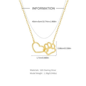 925 Sterling Silver necklace featuring interlocking heart and paw print charms