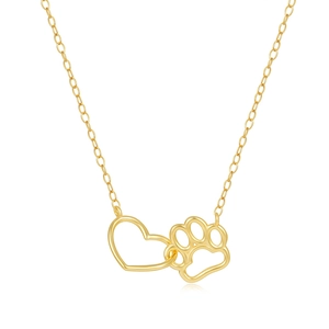 S925 silver gold-plated necklace with hollow heart and pet paw print charm on white base