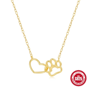 925 Sterling Silver Heart And Paw Print Pendant Necklace Gold Plated Minimalist Fashion Jewelry For Women Pet Lover Gift