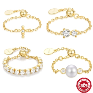 Anello a Catena Regolabile in Argento Sterling S925 per Donna Lussuoso Placcato Oro Croce Perla Artificial Zirconia Intarsiato Anello