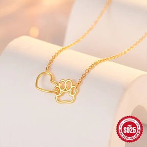 Minimalist S925 sterling silver heart and cat paw pendant necklace in gold finish