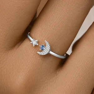 Macro de bague en argent S925 avec lune, étoile, zircon bleu et pavé de diamants