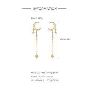 Detailed sizing and material info for S925 silver star moon tassel earrings with zircon