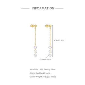 Detail view of 925 sterling silver long drop earrings with AAAAA zirconia and dimensions
