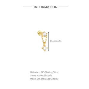 Detail van de S925 zilveren ketting oorknop met AAAAA-zirkonia en afmetingen van het sieraad
