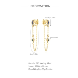 Detailed view of S925 sterling silver moon and star tassel earrings with zircon dimensions