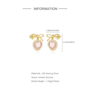 Dettagli tecnici per orecchini in argento S925 con cuore rosa e specifiche del prodotto