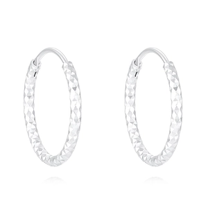 Sparkling S925 sterling silver hoop earrings with diamond-cut texture on white background