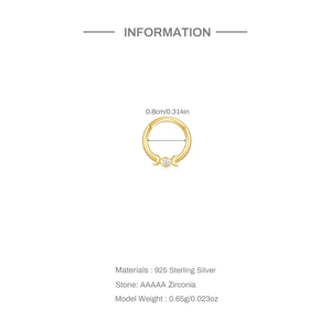 Detail of 925 sterling silver septum ring with crescent moon and AAAAA zircon specifications