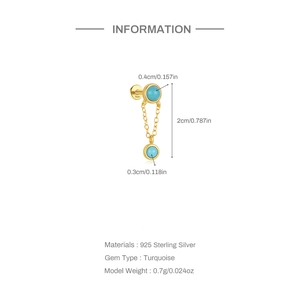 Macro-opname van S925 zilveren vergulde turquoise oorbellen met afmetingen en kettinginfo
