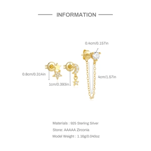 Detail of S925 sterling silver star and moon earrings set with AAAAA cubic zirconia