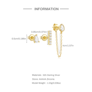 Detail of S925 sterling silver gold earrings set with AAAAA zirconia and dimensions